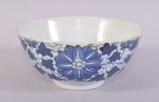 A SMALL CHINESE BLUE AND WHITE PORCELAIN BOWL, painted with stylised flower heads and scrolling