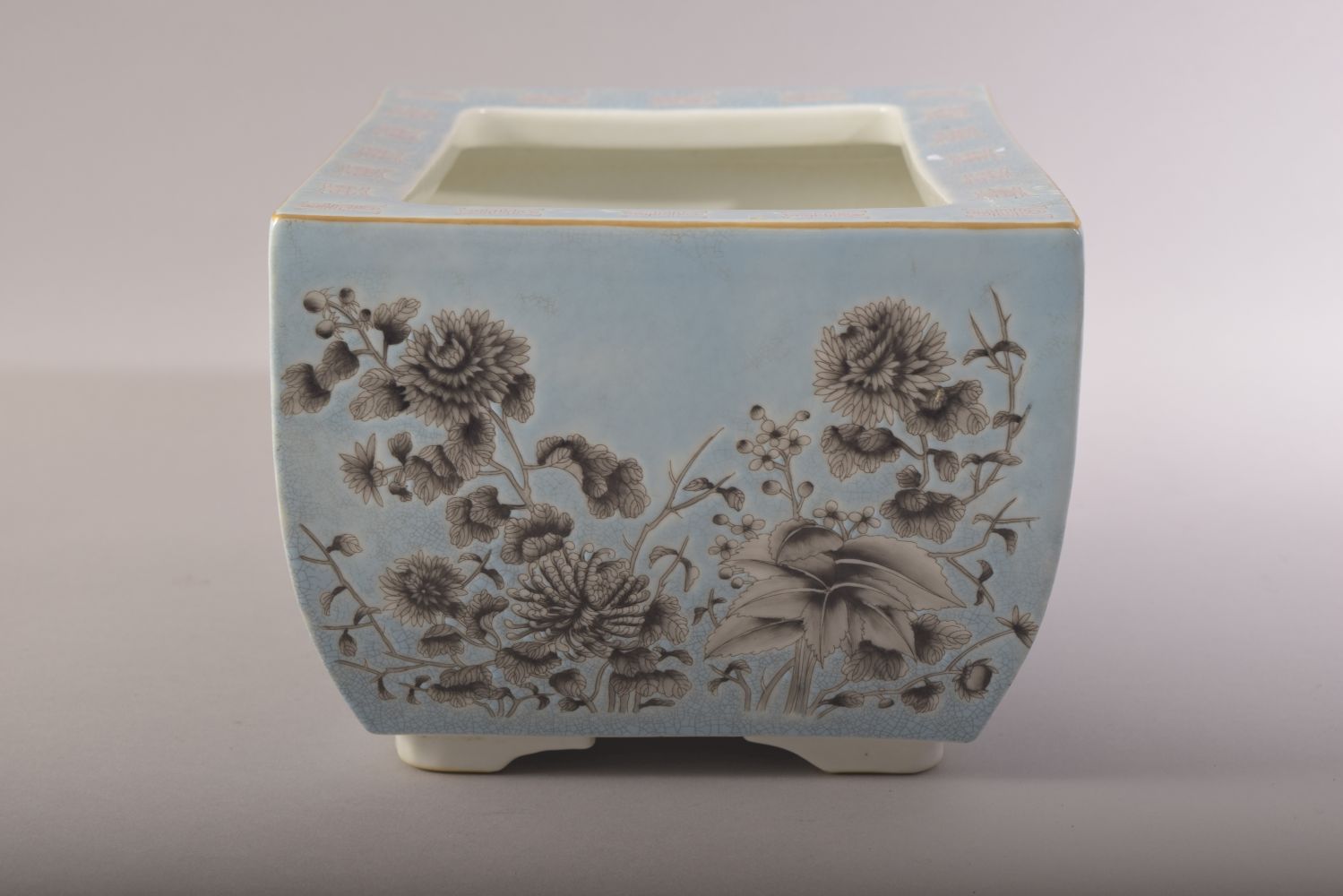 A CHINESE BLUE GROUND RECTANGULAR PORCELAIN PLANTER, decorated with flowers in grey and script, four - Image 2 of 8