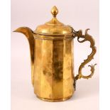 A LARGE 19TH CENTURY BRASS COFFEE POT, with hinged lid, 29cm high.