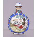 A CHINESE ENAMELLED SNUFF BOTTLE AND STOPPER, each side decorated with a roundel containing boys,