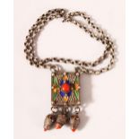 A 19TH CENTURY MOROCCAN ENAMEL & SILVER NECKLACE - the pendant with enamel decoration 34cm