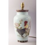 A GOOD CHINESE PALE BLUE GROUND CLOISONNE COCKEREL LAMP, the body decorated with a rooster and hen