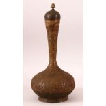 A LARGE 18TH/19TH CENTURY LIDDED COPPER SURAHI BOTTLE, with chased foliate decoration all over, 39cm