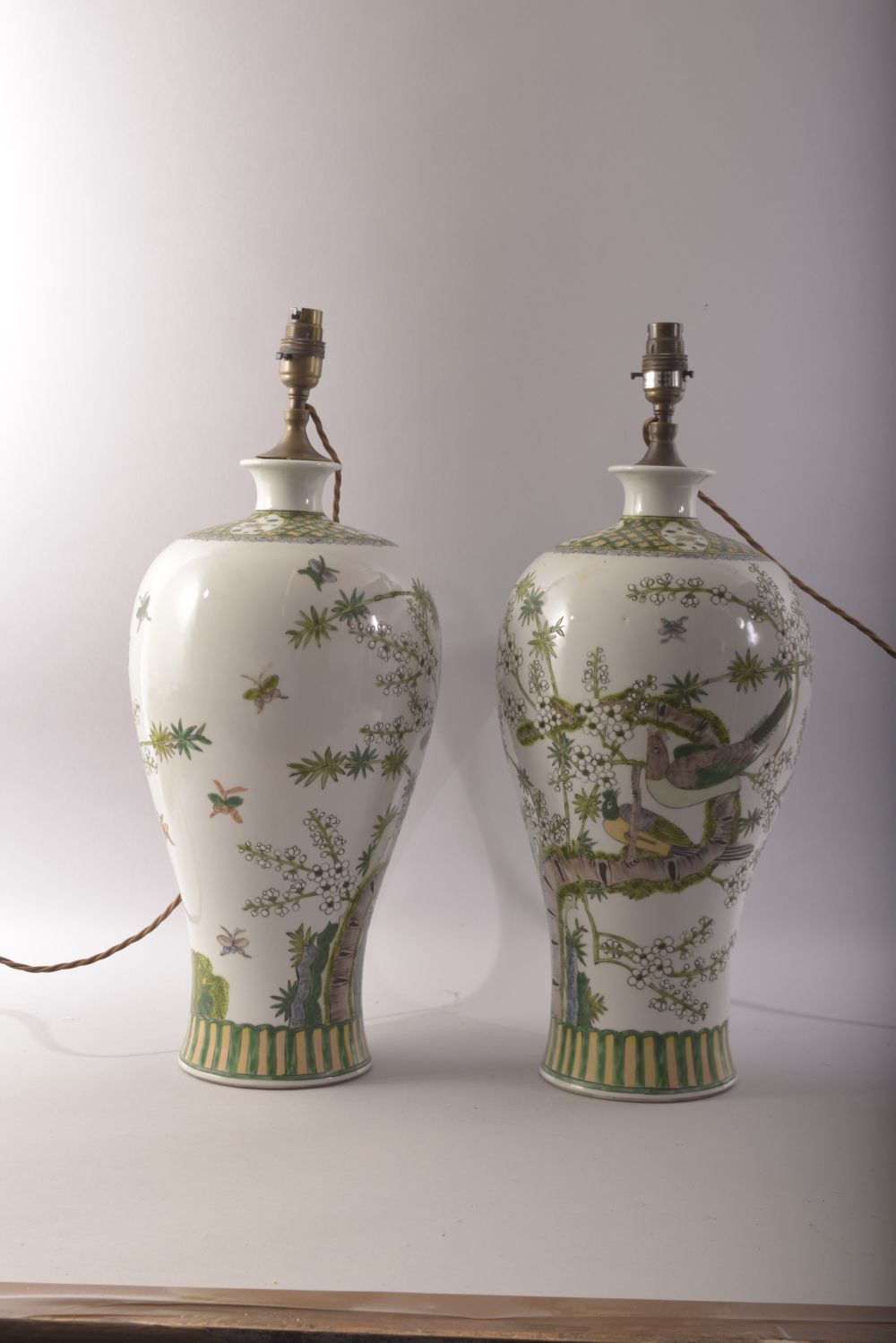 A GOOD PAIR OF CHINESE FAMILLE VERTE PORCELAIN VASE LAMPS, undrilled, painted with birds amongst - Image 2 of 6