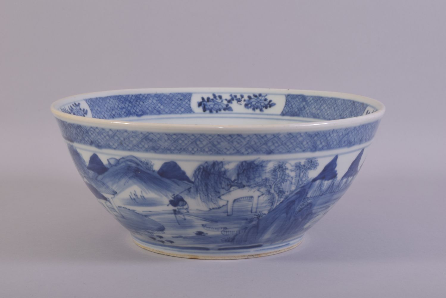 A LARGE CHINESE BLUE AND WHITE PORCELAIN BOWL, decorated with a landscape including figures, - Image 2 of 6