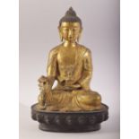 A GOOD LARGE GILT BRONZE SEATED THAI BUDDHA, 30cm high.