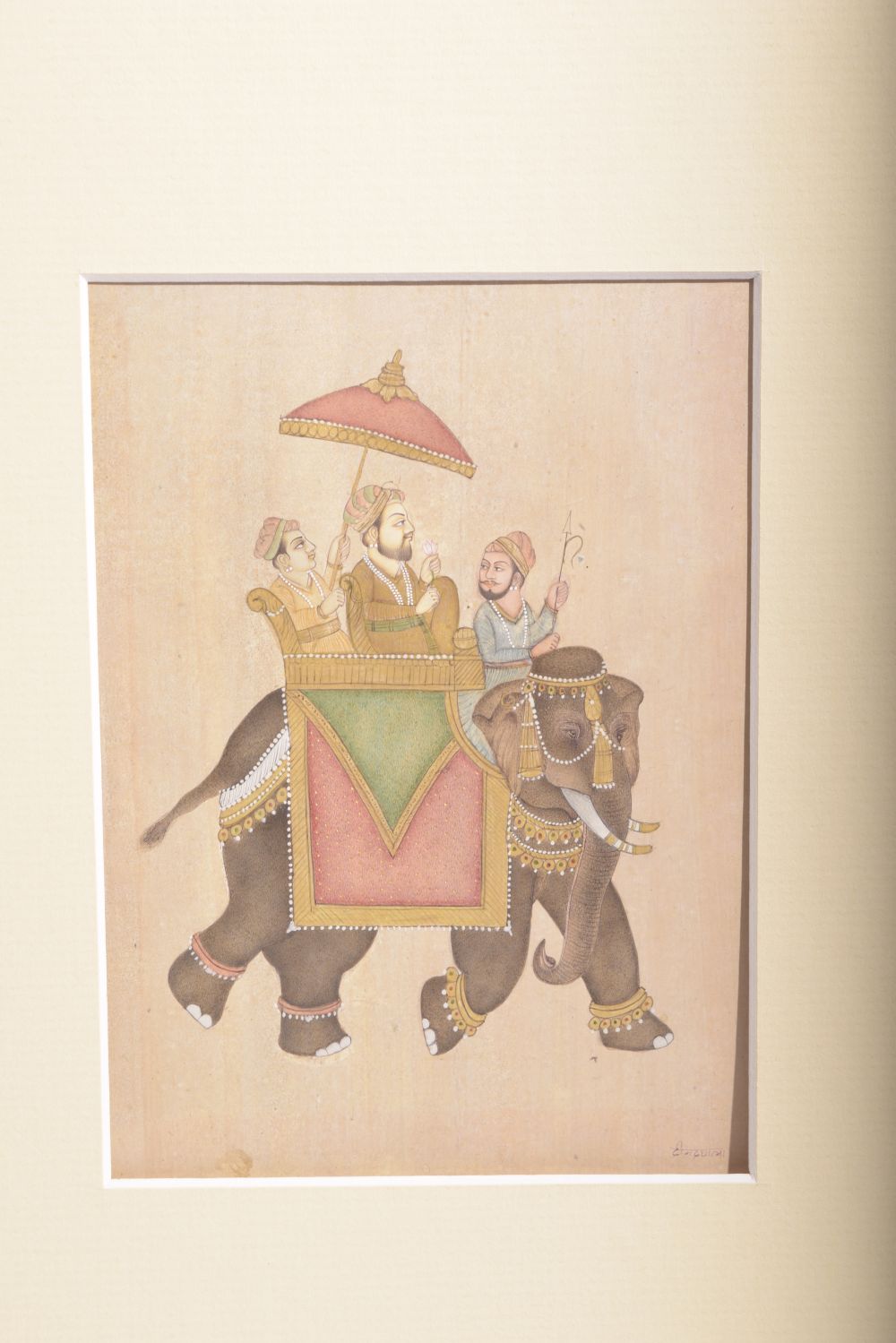A VERY FINE INDIAN MINIATURE PAINTING ON PAPER, depicting a dignitary within a howdah atop an - Image 2 of 4
