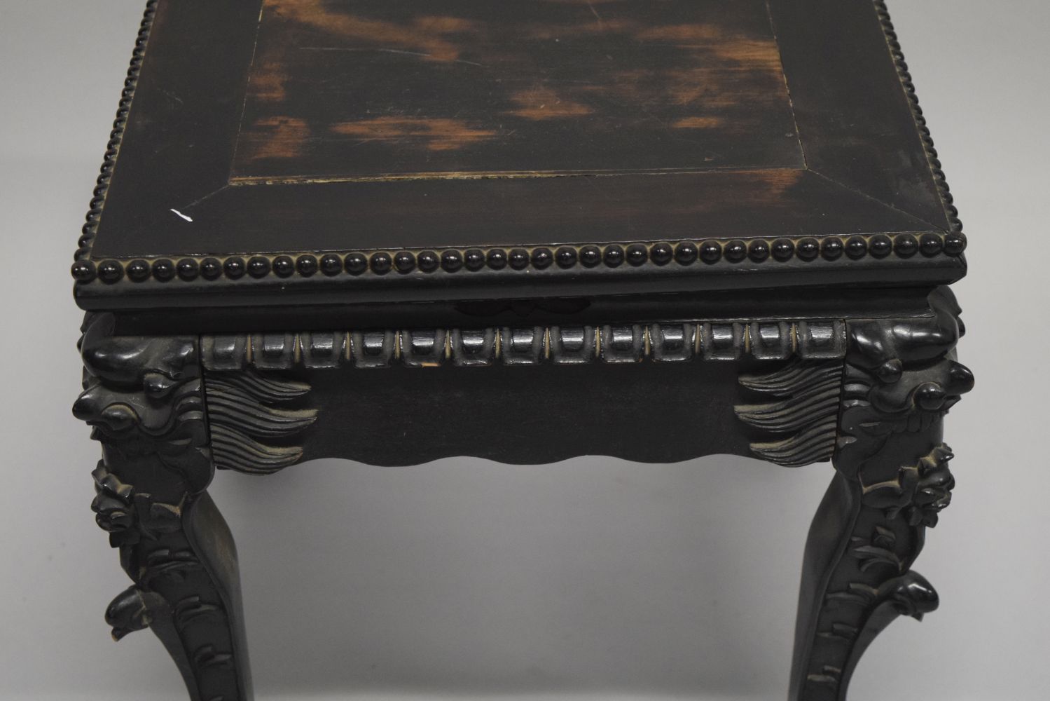 A SMALL CHINESE SQUARE FORM HARDWOOD TABLE, with carved floral frieze, supported on four curving - Image 3 of 6