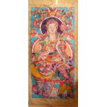 A LARGE CHINESE PAINTED TEXTILE THANKA, painted with scenes of a seated goddess with attendant,