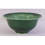 A GOOD LARGE CHINESE GREEN CRACKLE GLAZED BOWL, 26cm diameter.