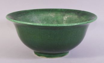 A GOOD LARGE CHINESE GREEN CRACKLE GLAZED BOWL, 26cm diameter.