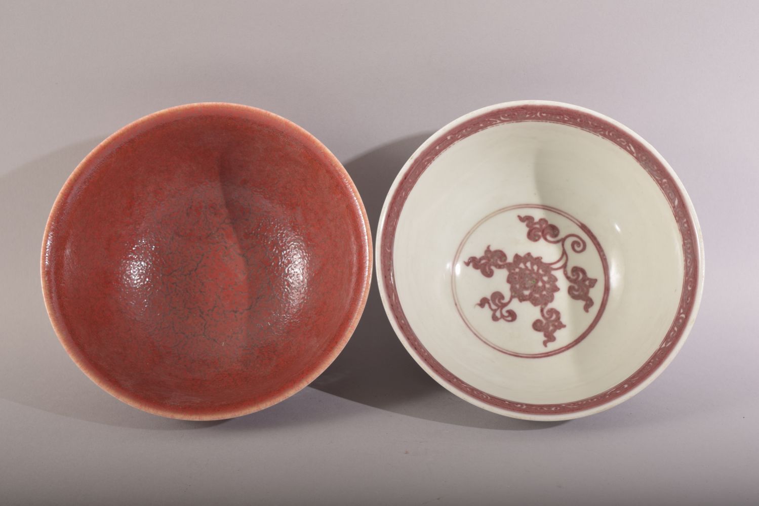 TWO CHINESE PORCELAIN BOWLS, one with red and white floral decoration, the other with red - Image 5 of 7