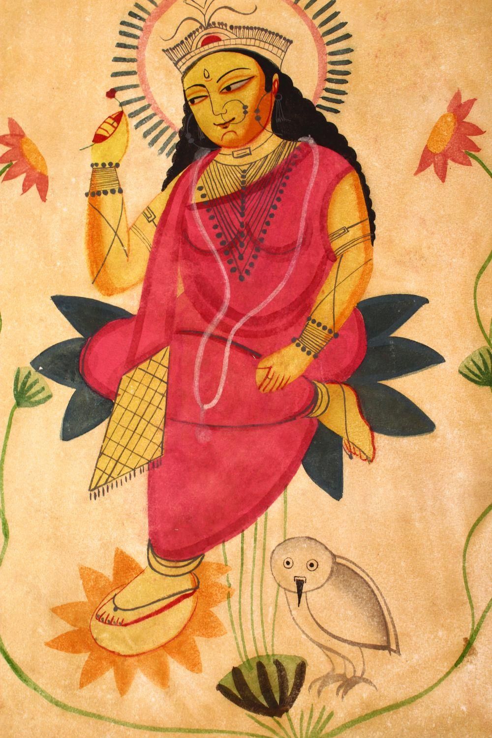 AN INDIAN KALIGHAT SCHOOL PAINTING OF GODDESS LAKSHMI on paper, 1920s, unframed, 50cm x 38cm. - Image 2 of 3