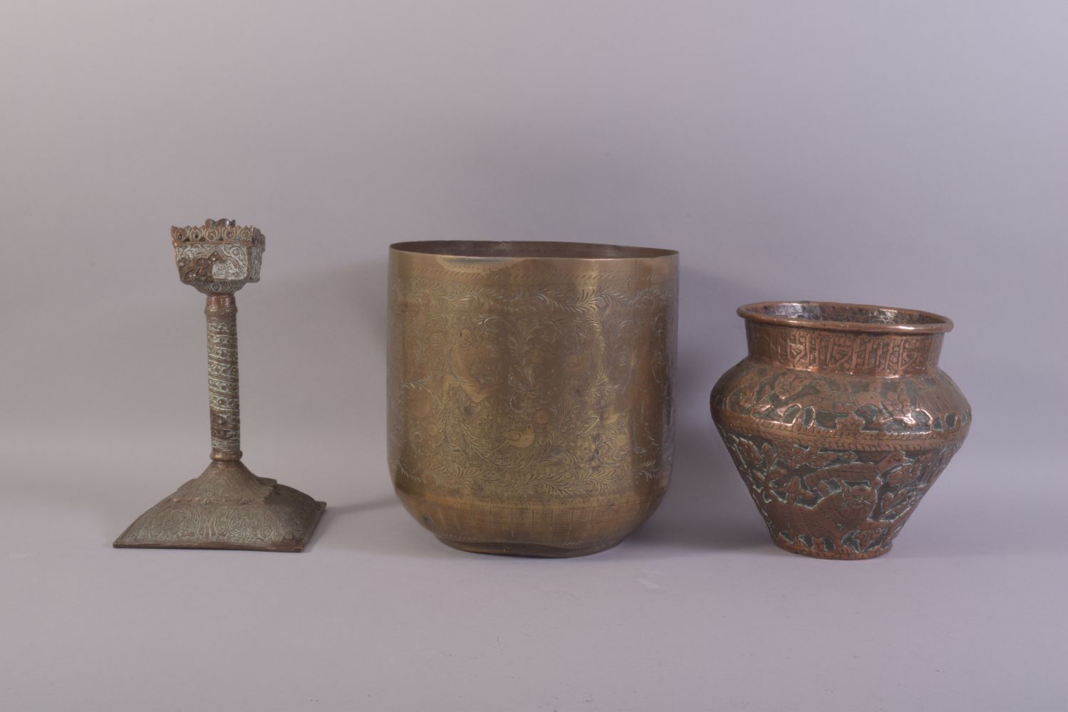 THREE ISLAMIC BRASS / METALWARE ITEMS, comprising a embossed and chased copper vase, an engraved - Image 4 of 6