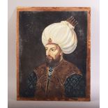 A TURKISH OTTOMAN OIL PAINTED PORTRAIT OF A SULTAN, on wood, 36cm x 28cm.