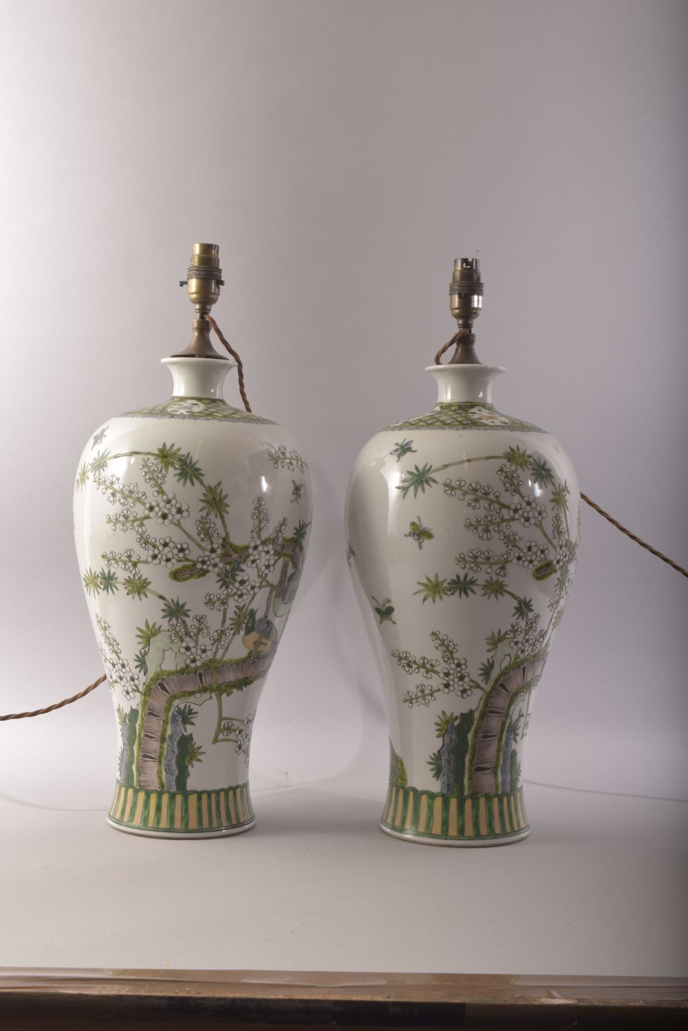 A GOOD PAIR OF CHINESE FAMILLE VERTE PORCELAIN VASE LAMPS, undrilled, painted with birds amongst - Image 3 of 6