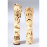 TWO CARVED BONE FIGURES, one depicting a demonic figure / deity, the other carved with beasts, 17.
