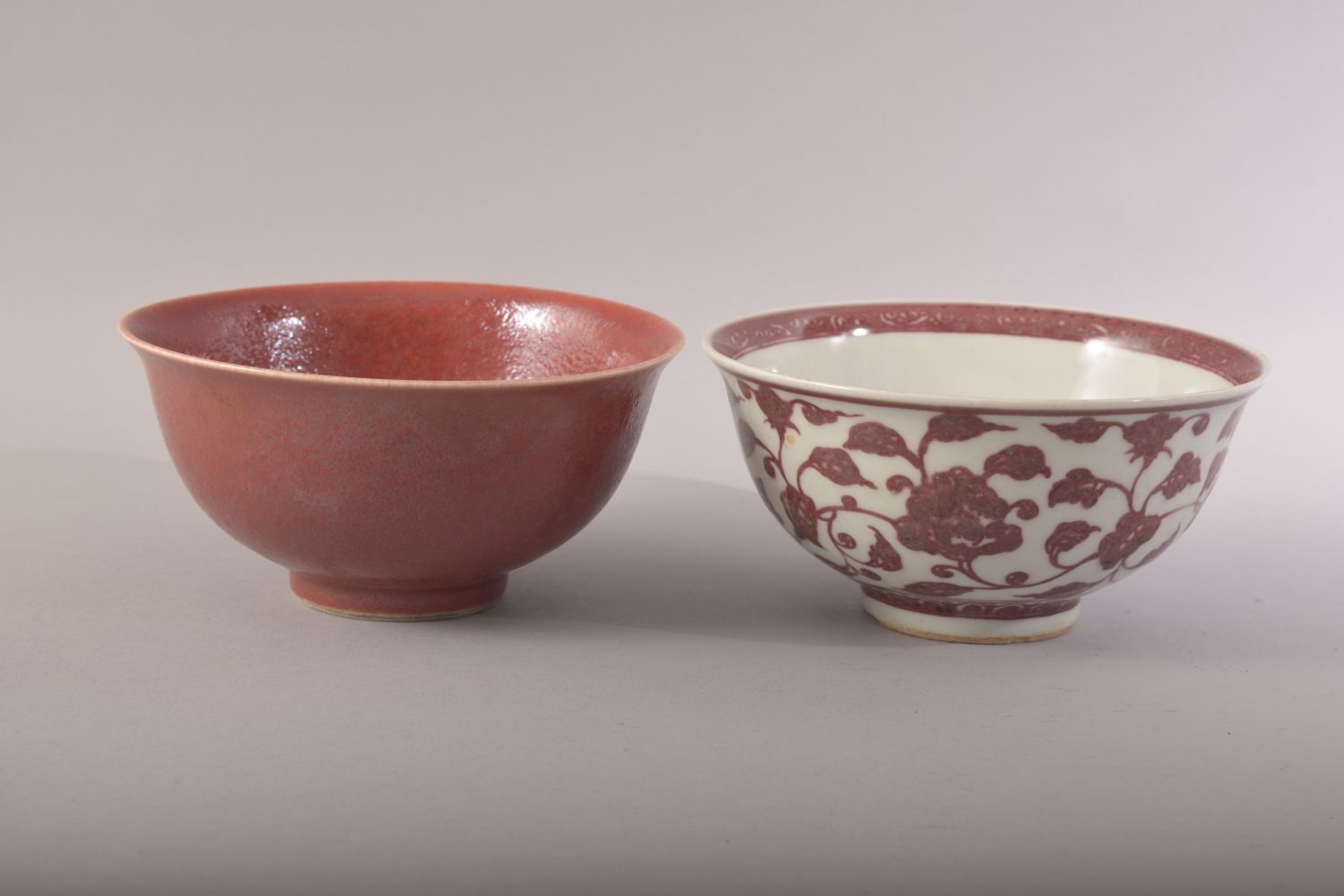 TWO CHINESE PORCELAIN BOWLS, one with red and white floral decoration, the other with red - Image 3 of 7