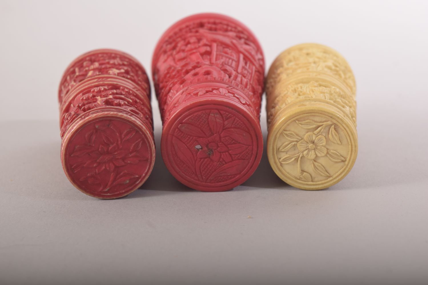 THREE CHINESE CANTON CARVED IVORY CUPS / DICE SHAKERS, largest 7cm high. - Image 5 of 5