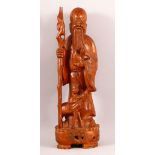 A CHINESE CARVED HARDWOOD FIGURE OF SHOU LAO - 47cm high