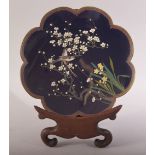 A GOOD JAPANESE CLOISONNE DISH AND STAND, the dish decorated with two birds in a blossoming prunus