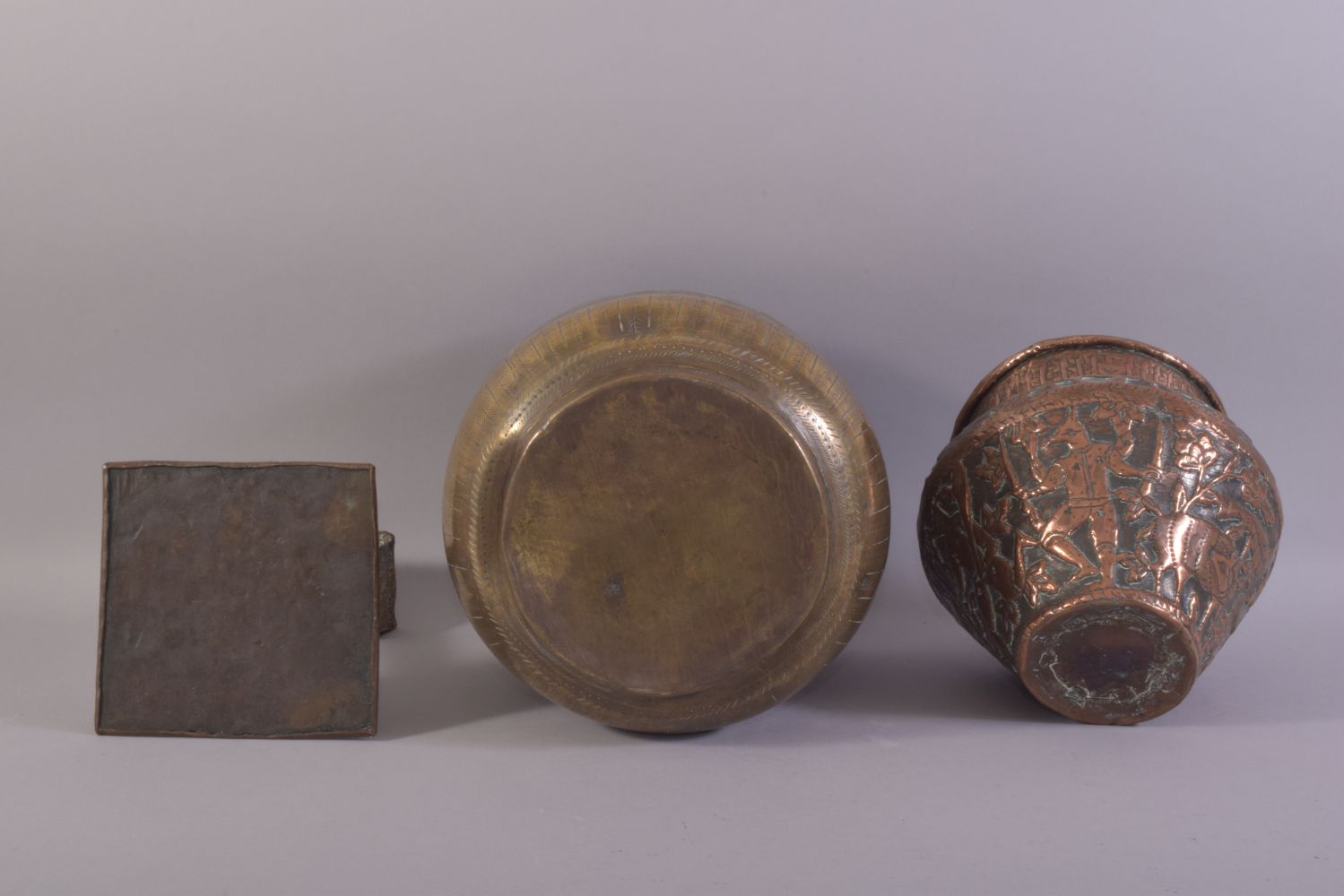 THREE ISLAMIC BRASS / METALWARE ITEMS, comprising a embossed and chased copper vase, an engraved - Image 6 of 6