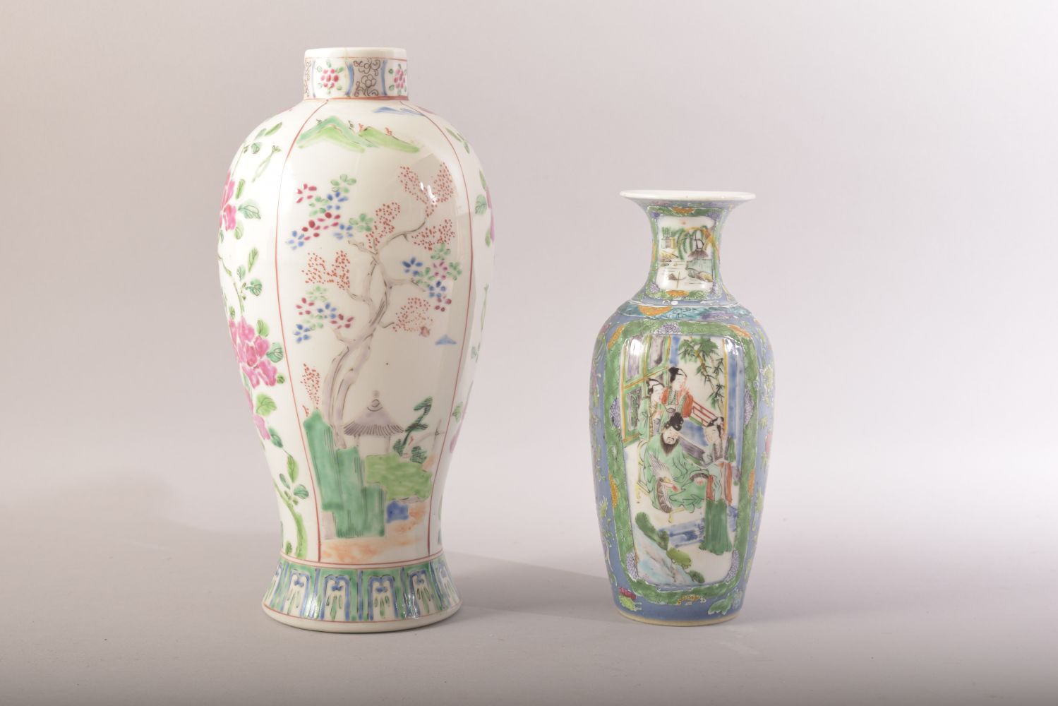 A CHINESE FAMILLE ROSE / VERTE VASE, painted with native flora, 26cm high, together with a smaller - Image 3 of 7