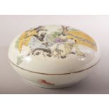A CHINESE FAMILLE ROSE PORCELAIN BOX & COVER - depicting figures and children in landscapes - the