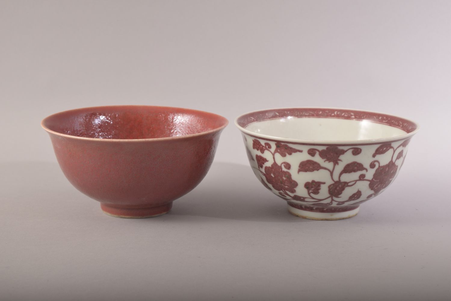 TWO CHINESE PORCELAIN BOWLS, one with red and white floral decoration, the other with red - Image 2 of 7