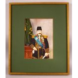 A HIGHLY DETAILED FINE QUALITY PAINTING OF MOZAFFAR AD-DIN SHAH QAJAR, mounted and framed, overall