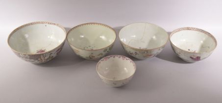 FIVE CHINESE PORCELAIN BOWLS, four painted with figures in landscapes, one painted with flowers,
