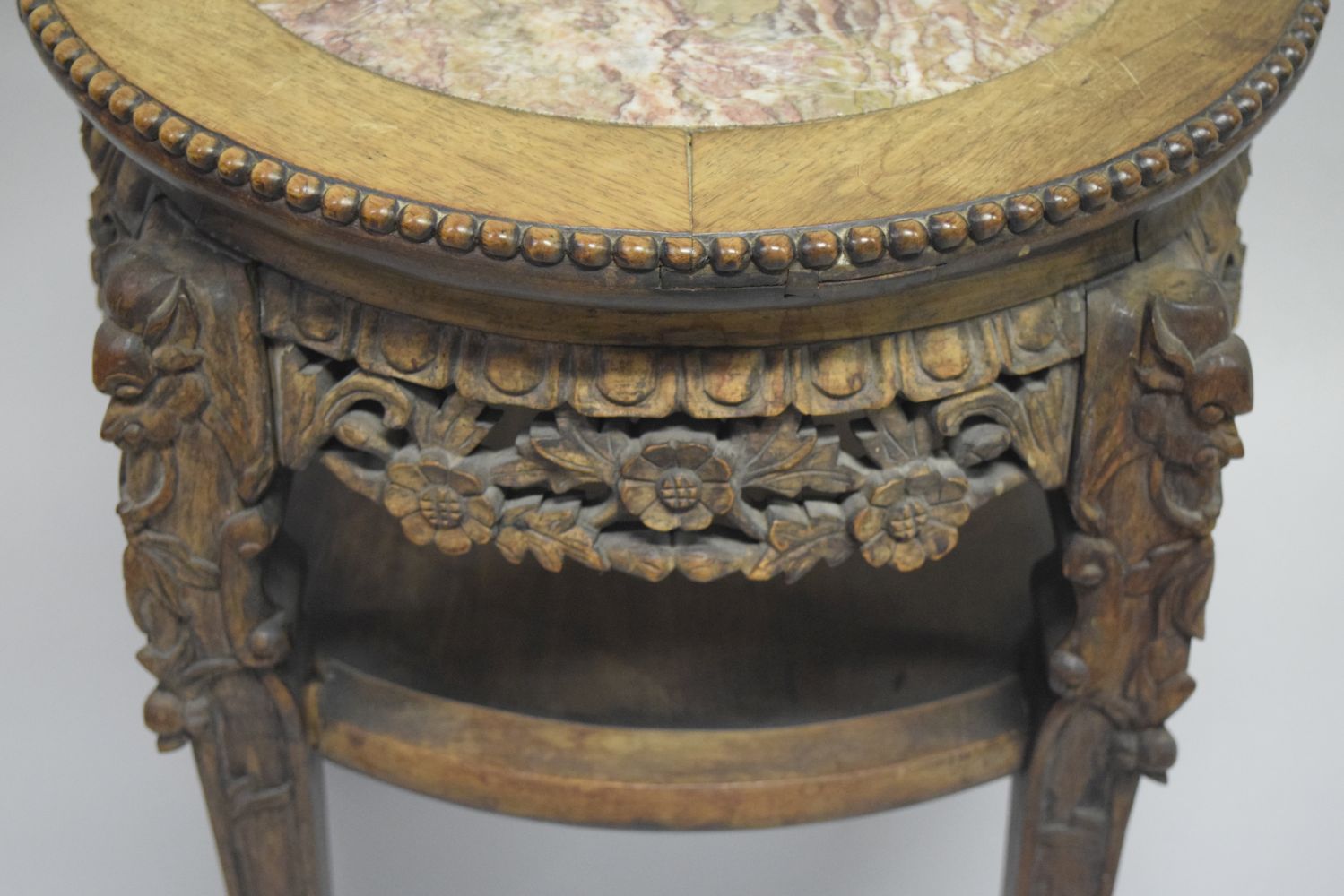 A CHINESE CARVED HARDWOOD MARBLE TOP STAND, the frieze and legs carved with foliate decoration, - Image 2 of 6