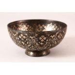 A FINE 19TH CENTURY INDIAN BIDRI SILVER INLAID BOWL - 12cm