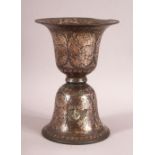 A SMALL SILVER INLAID BIDRI SPITTOON, 15cm high, 11cm diameter.