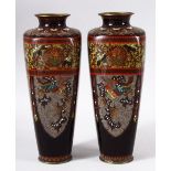 A PAIR OF JAPANESE CLOISONNE VASES, with panels of phoenix and dragons, both 24.5cm high.