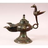 A PATINATED BRONZE OPENWORK INCENSE BURNER, the handle in the form of a bird, with twin spouts, twin