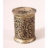 A 19TH CENTURY OTTOMAN NIELLO SILVER CALLIGRAPHERS INK POWDER CONTAINER - with embossed floral