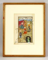 AN ISLAMIC MINIATURE PAINTING, depicting figures and camels in an outdoor setting, the top with a
