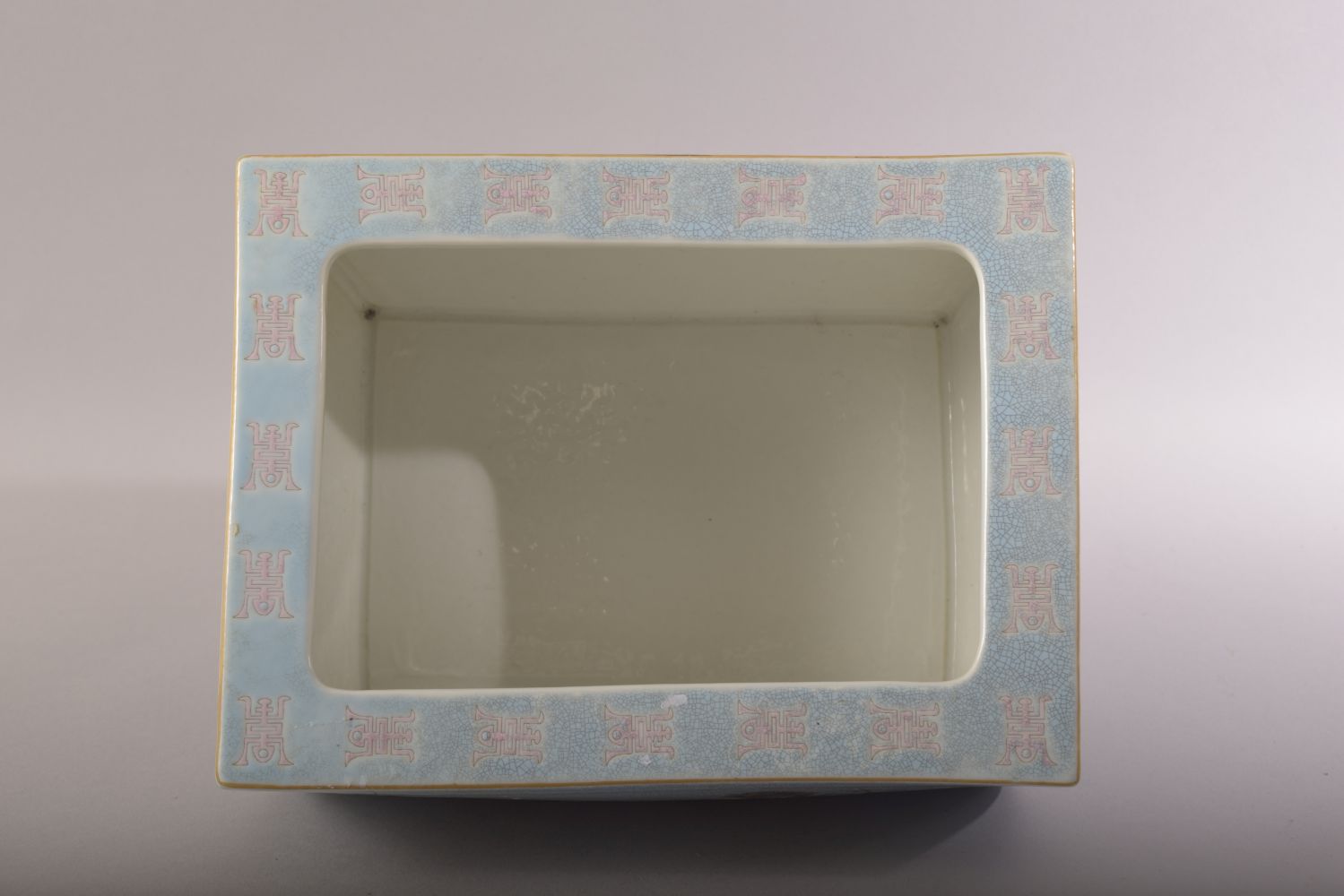 A CHINESE BLUE GROUND RECTANGULAR PORCELAIN PLANTER, decorated with flowers in grey and script, four - Image 5 of 8