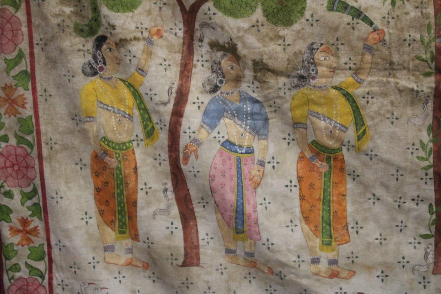A INDIAN PICHWAI PAINTING ON COTTON, the painting depicting a blue god playing the flute with - Image 3 of 5