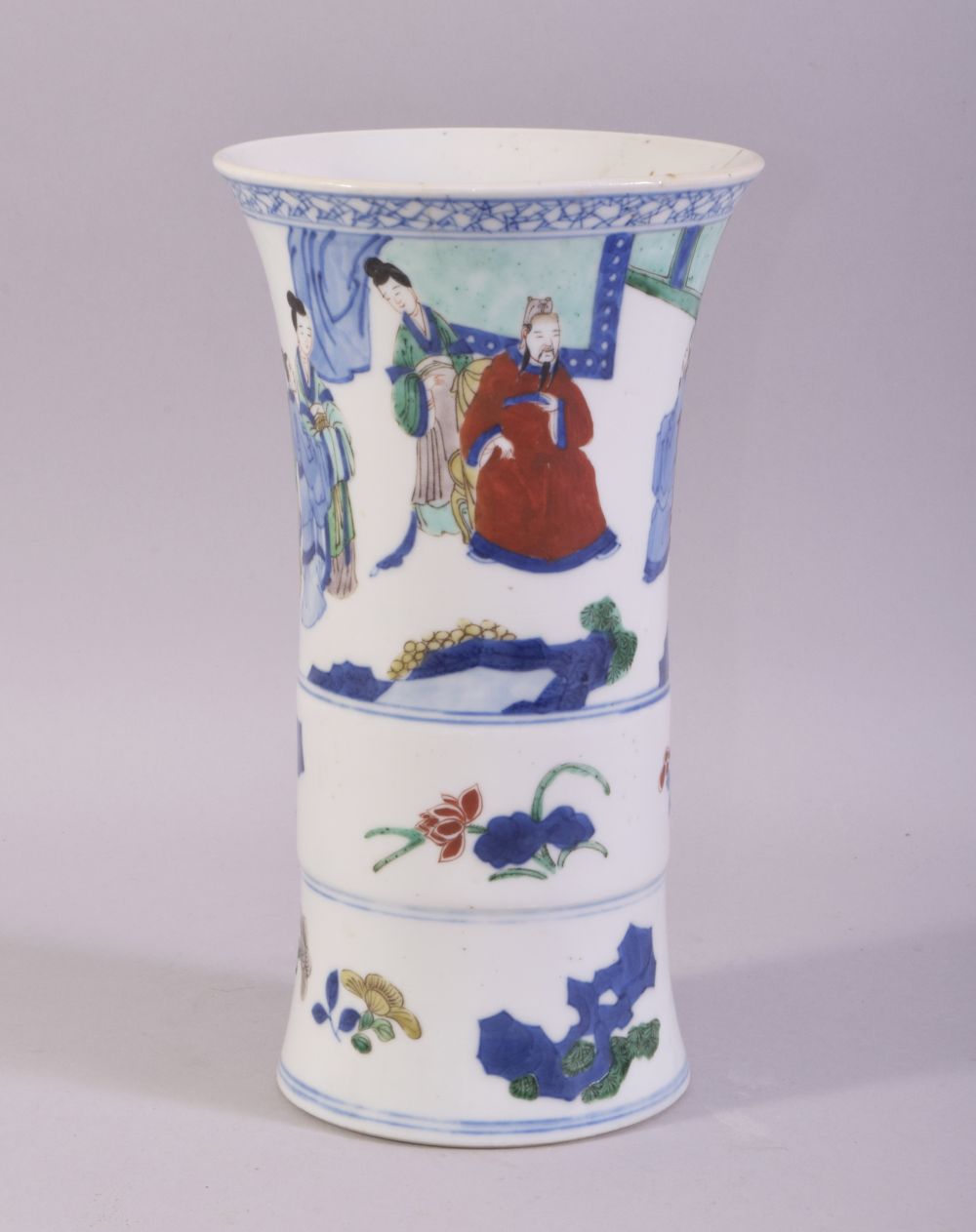 A CHINESE BLUE AND WHITE / FAMILLE VERTE PORCELAIN VASE, painted with figures and native flora, 23.