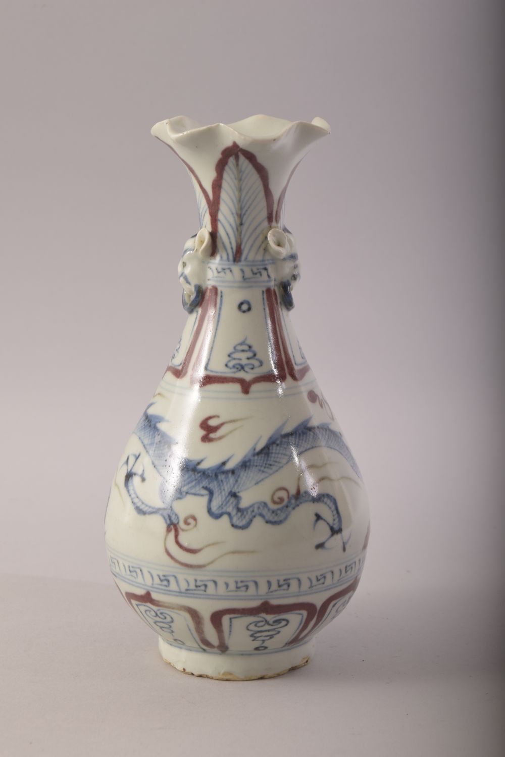 A SMALL CHINESE YUAN STYLE GLAZED POTTERY VASE, painted with a dragon, the neck with two small - Image 3 of 6
