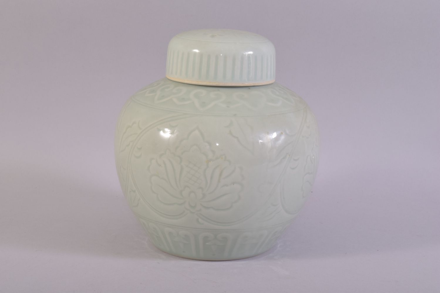 A GOOD CHINESE CELADON PORCELAIN JAR AND COVER, with incised floral decoration under glaze, 19.5cm - Image 2 of 9