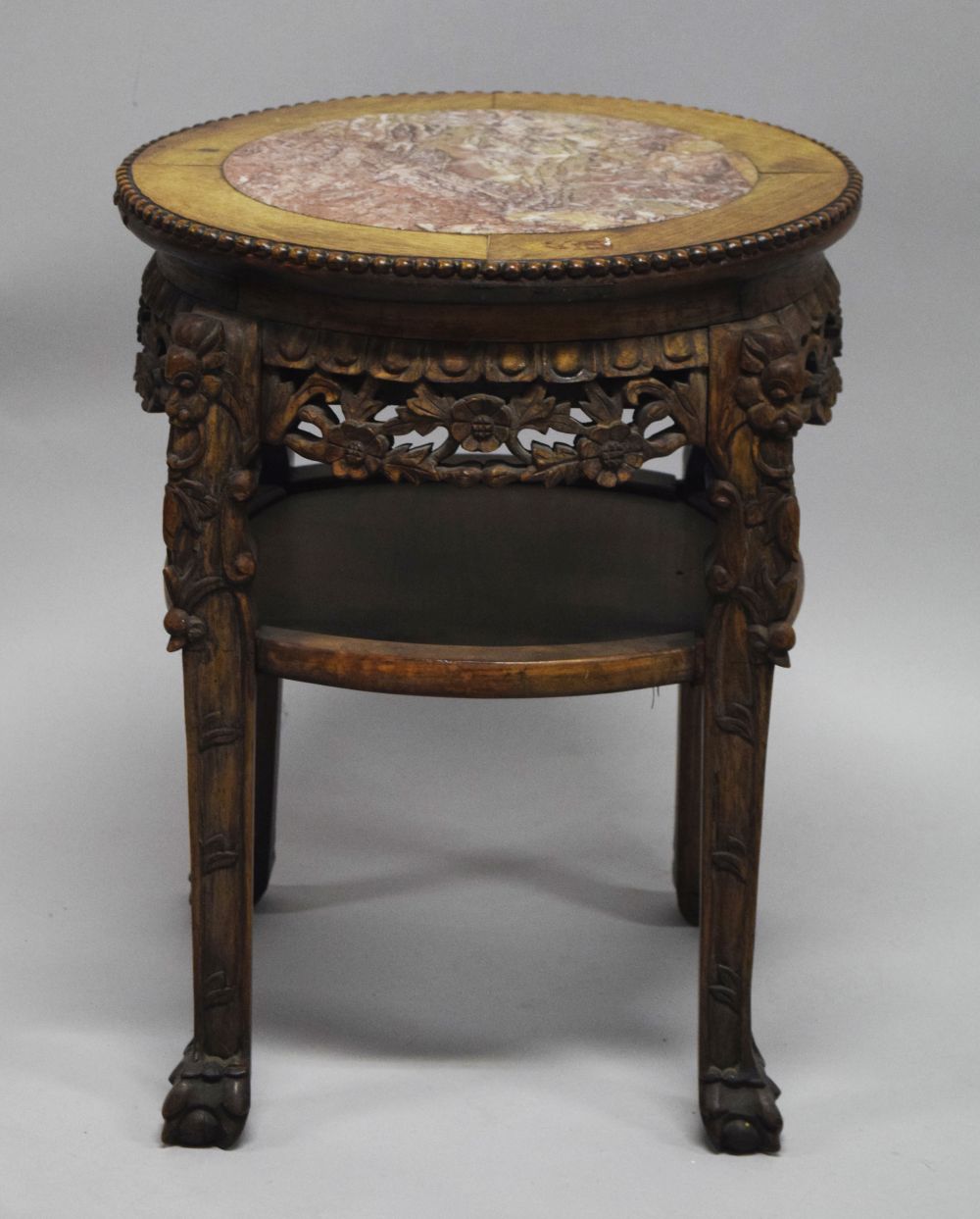 A CHINESE CARVED HARDWOOD MARBLE TOP STAND, the frieze and legs carved with foliate decoration, - Image 5 of 6