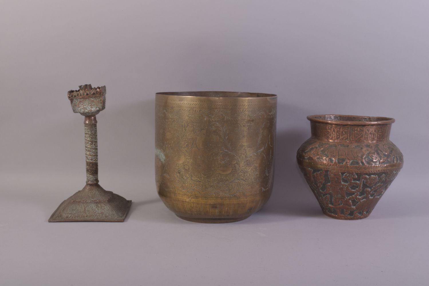 THREE ISLAMIC BRASS / METALWARE ITEMS, comprising a embossed and chased copper vase, an engraved - Image 3 of 6