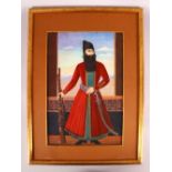 A GOOD LARGE PAINTED PORTRAIT OF FATH 'ALI SHAH, standing with an ornamental rifle and sword,