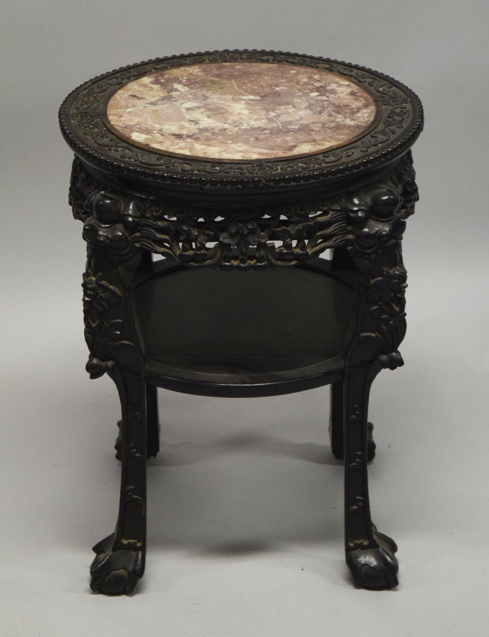 A CHINESE CARVED HARDWOOD MARBLE TOP TWO TIER STAND, the frieze carved with foliate decoration, - Image 4 of 6