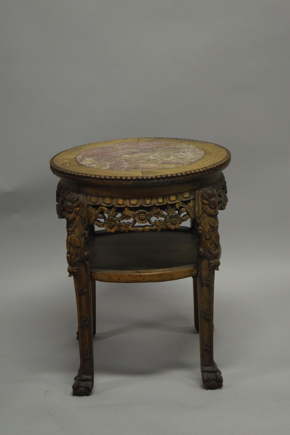 A CHINESE CARVED HARDWOOD MARBLE TOP STAND, the frieze and legs carved with foliate decoration, - Image 6 of 6