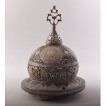 ANOTHER SUPERB ISLAMIC SILVER AND COPPER OVERLAID OPENWORK BRONZE MOSQUE LAMP, the cover opening