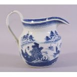 A CHINESE BLUE AND WHITE PORCELAIN JUG, decorated with a landscape scene depicting buildings,